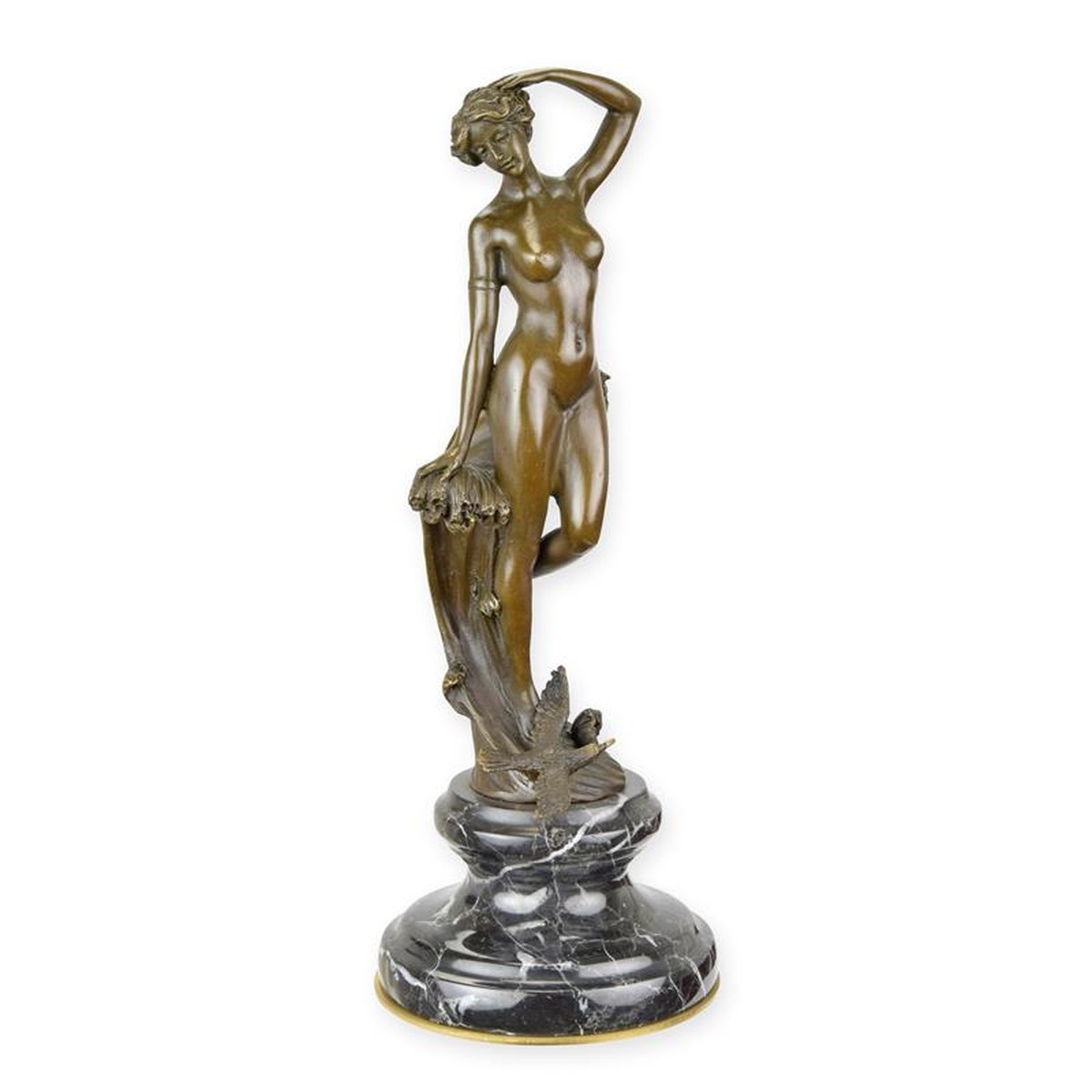 A BRONZE SCULPTURE OF A NYMPH (BRASS PLATE UNDERNEATH BASE)