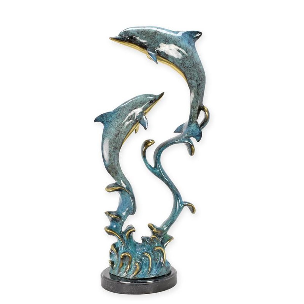 A BRONZE SCULPTURE OF A PAIR OF DOLPHINS