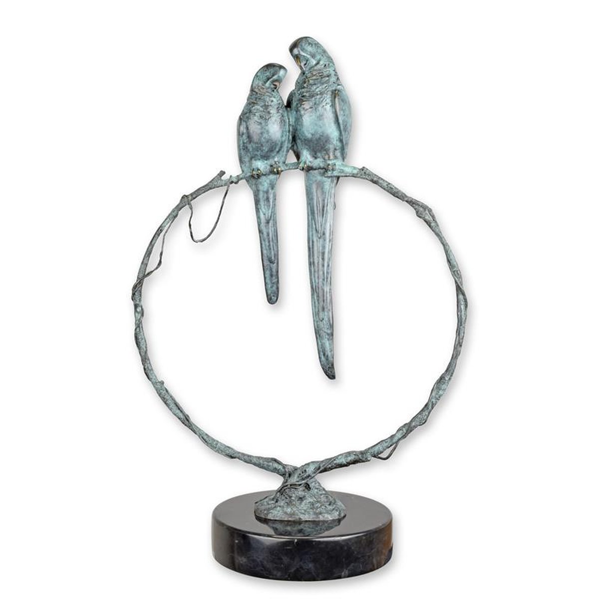 A BRONZE SCULPTURE OF A PAIR OF PARROTS ON A BRANCH