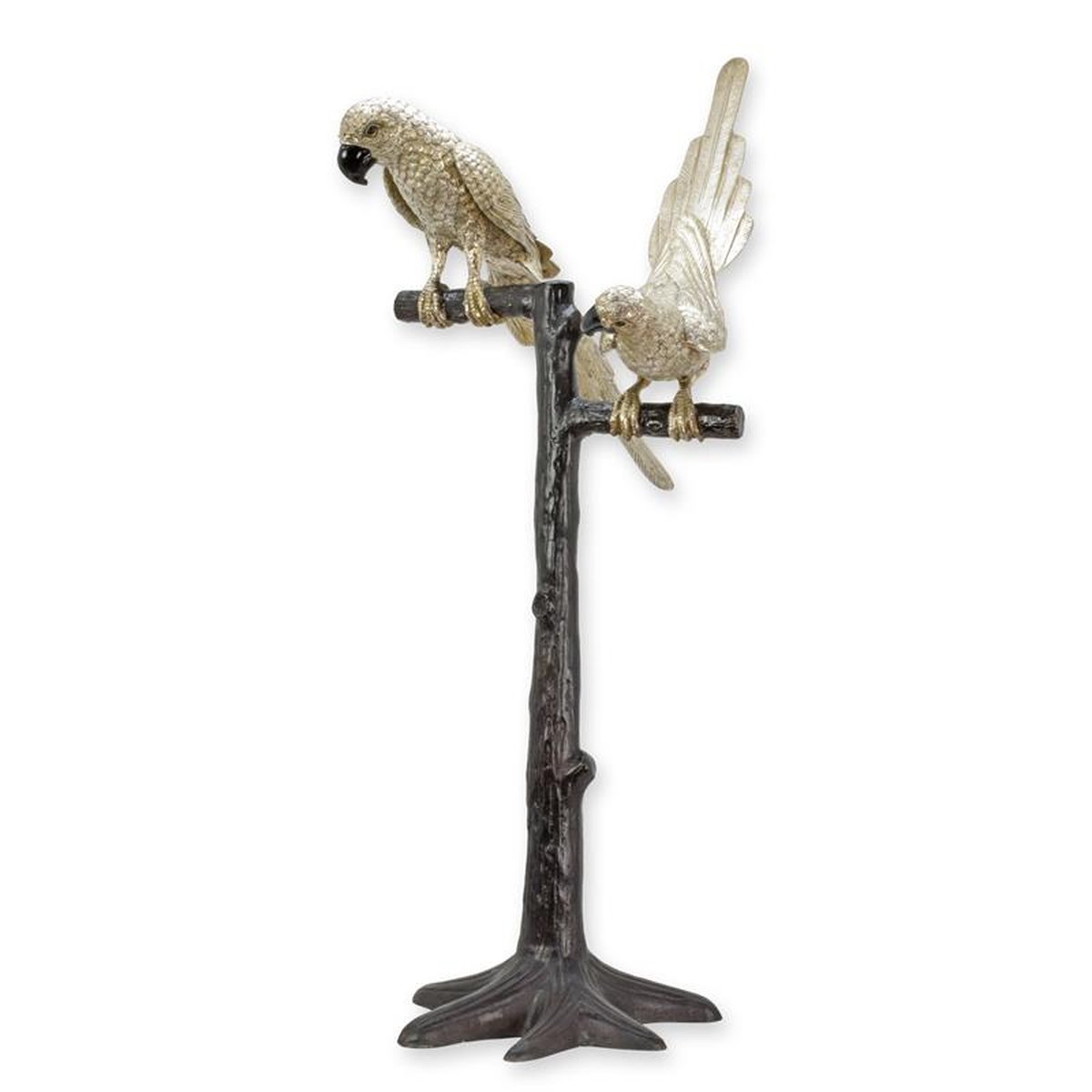 A BRONZE SCULPTURE OF A PAIR OF PARROTS ON A BRANCH