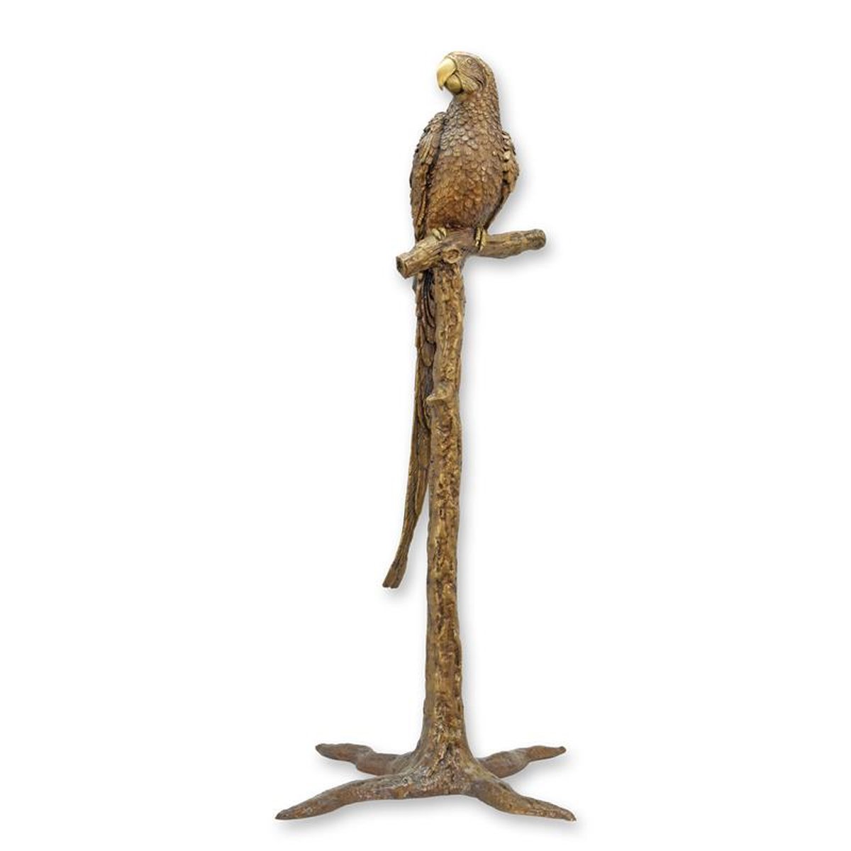 A BRONZE SCULPTURE OF A PARROT ON BRANCH
