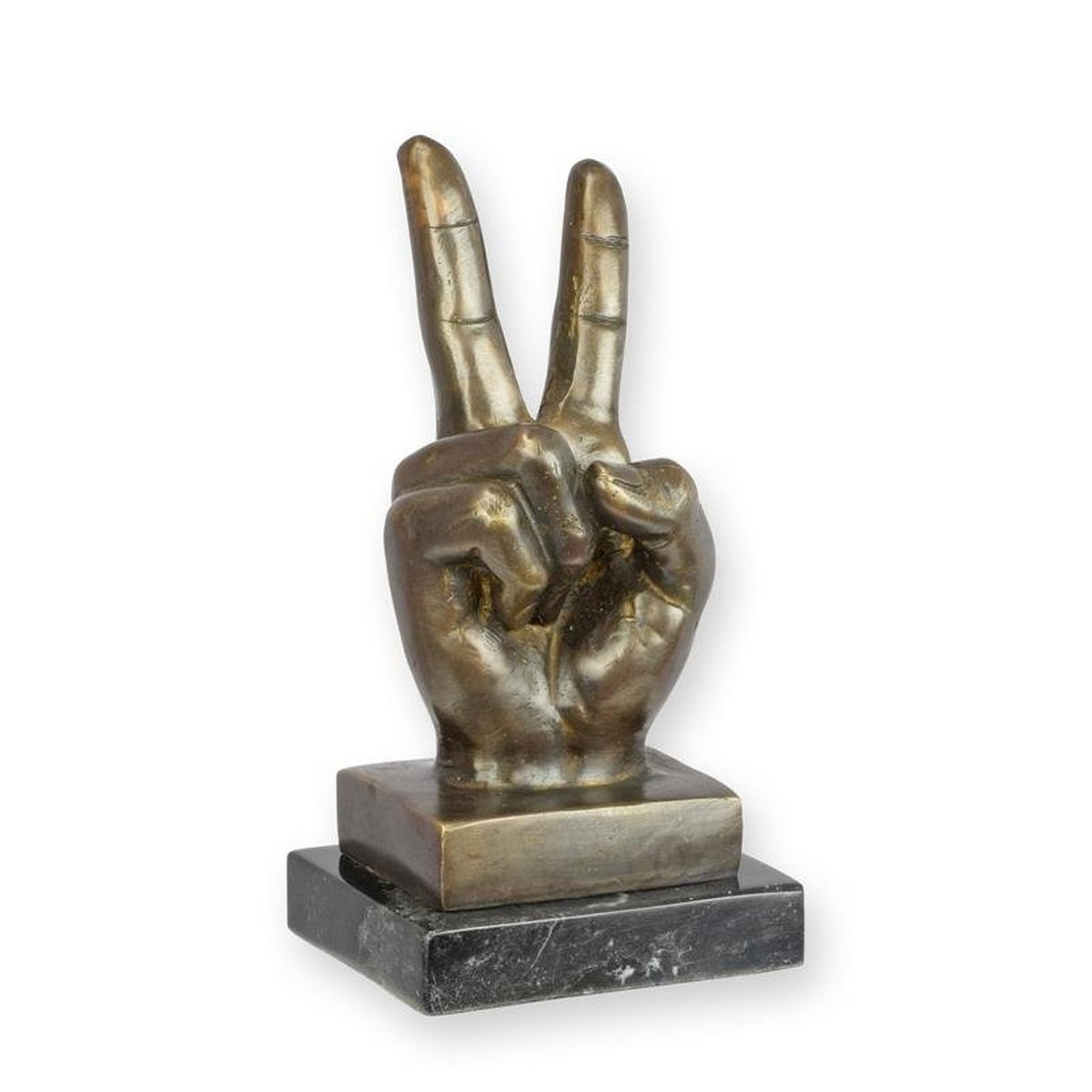 A BRONZE SCULPTURE OF A PIECE SIGN HAND