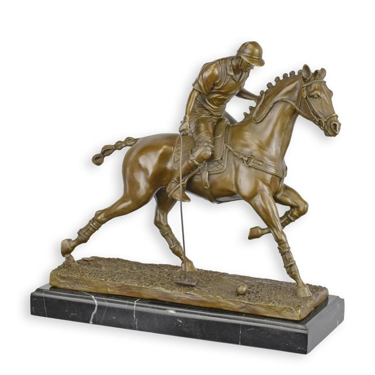 A BRONZE SCULPTURE OF A POLO PLAYER