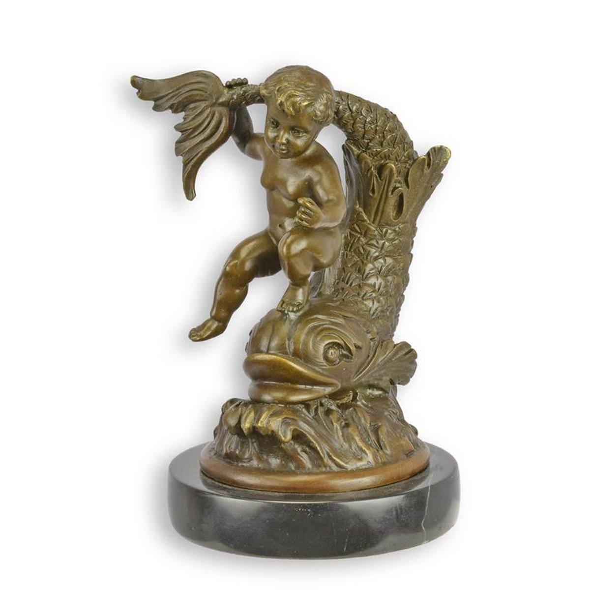 A BRONZE SCULPTURE OF A PUTTO ON A FISH