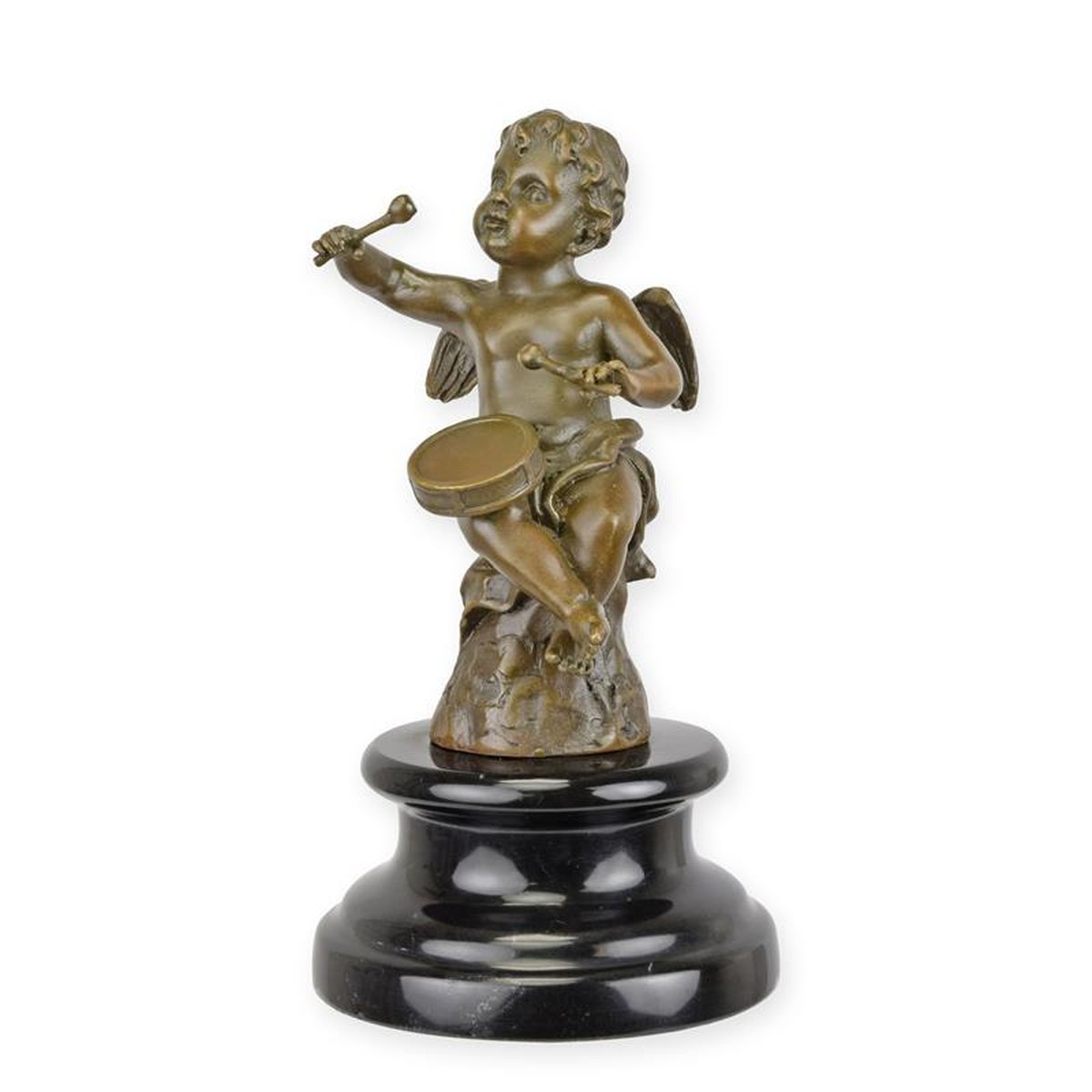 A BRONZE SCULPTURE OF A PUTTO PLAYING DRUMS