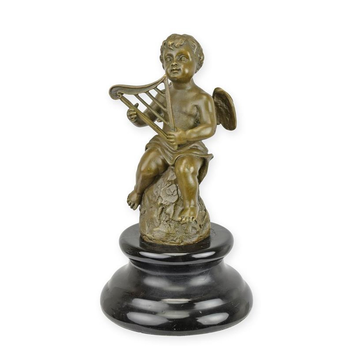 A BRONZE SCULPTURE OF A PUTTO PLAYING HARP