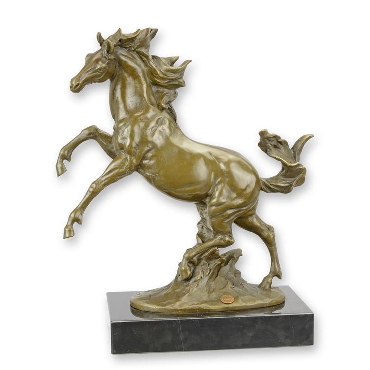 A BRONZE SCULPTURE OF A REARING HORSE