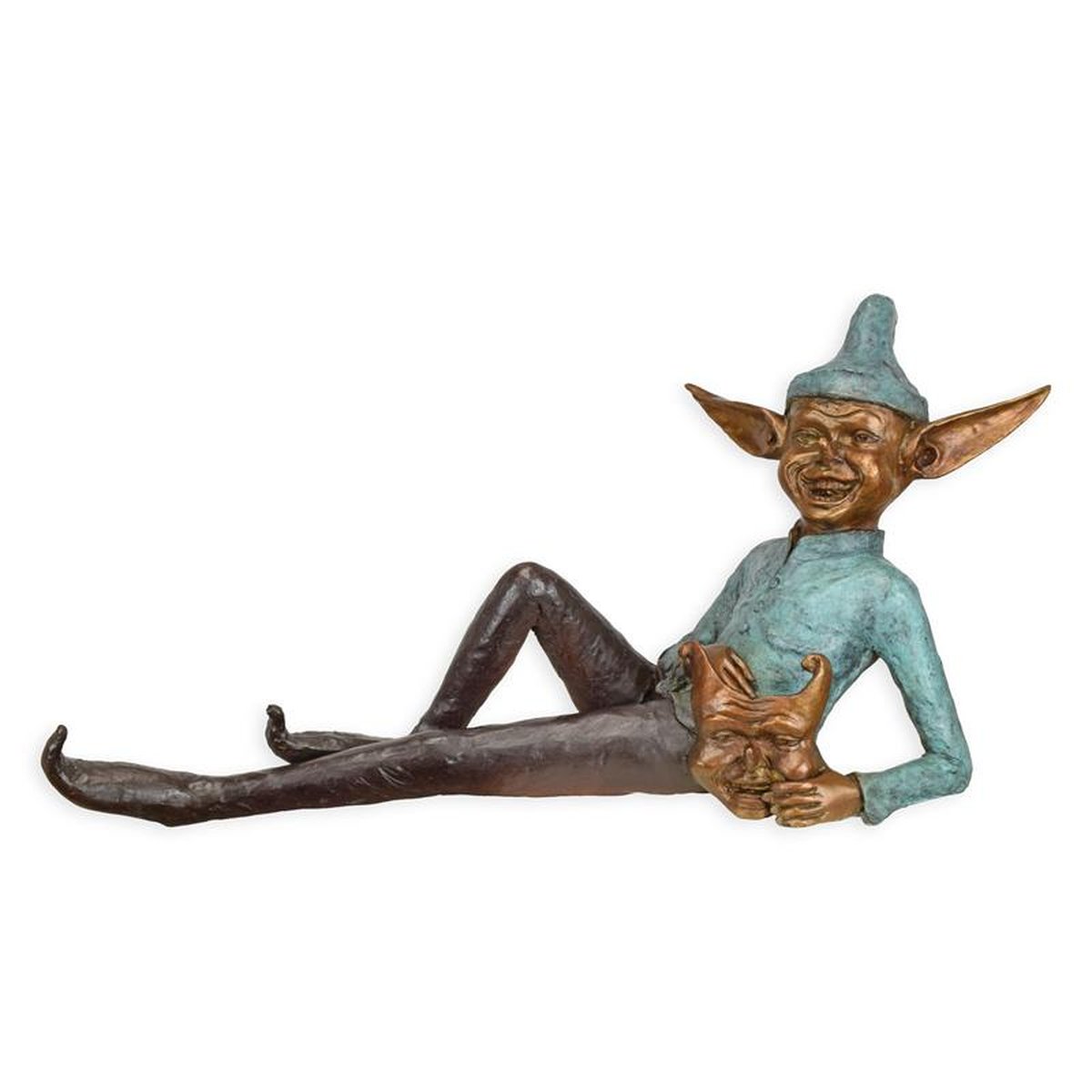 A BRONZE SCULPTURE OF A RECLINING GOBLIN HOLDING A MASK