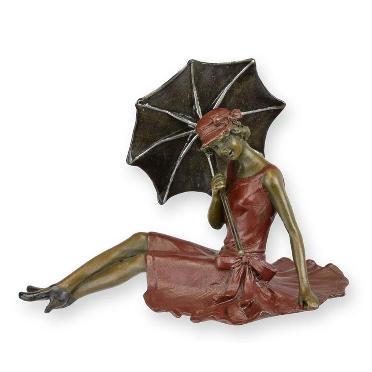 A BRONZE SCULPTURE OF A RECLINING LADY WITH UMBRELLA