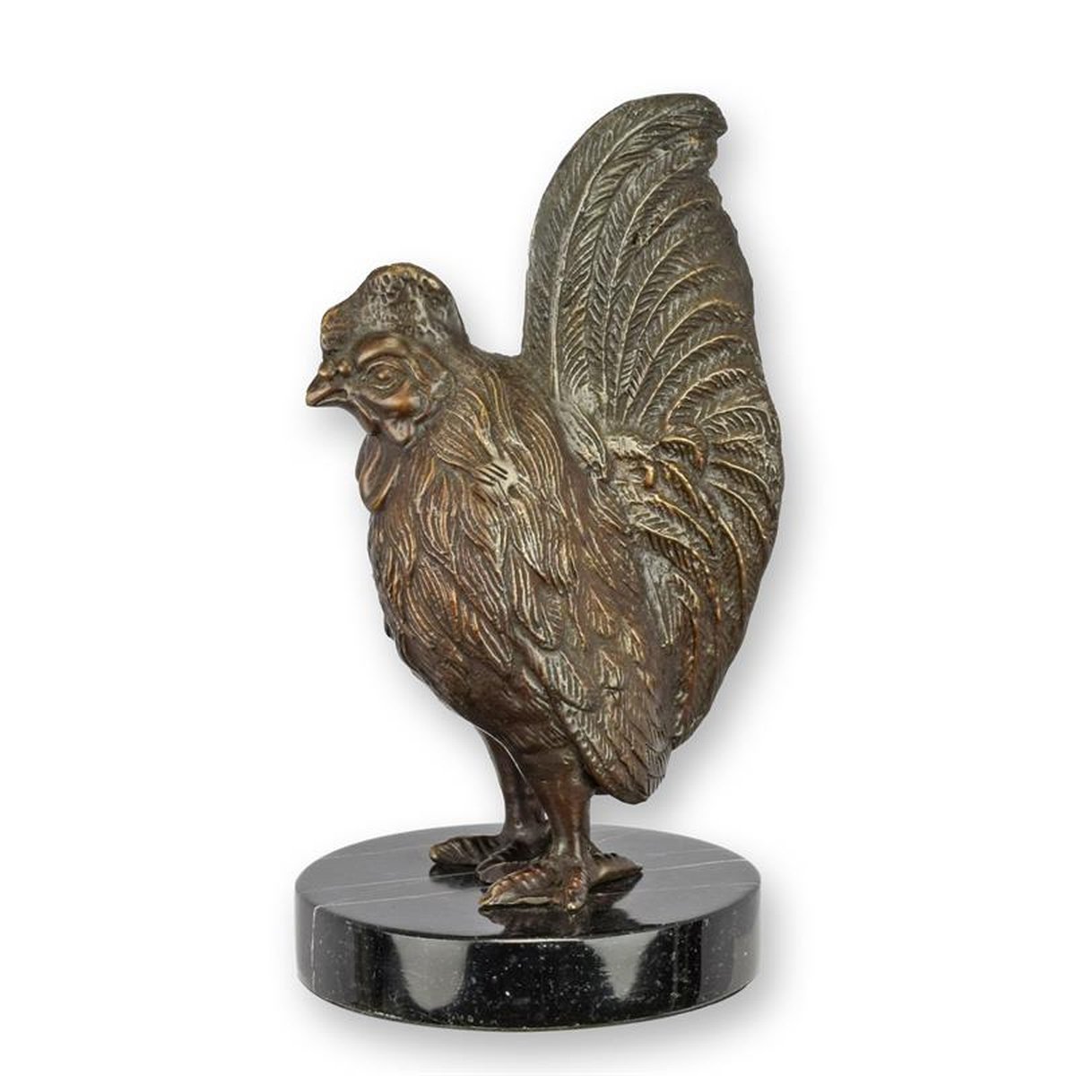 A BRONZE SCULPTURE OF A ROOSTER