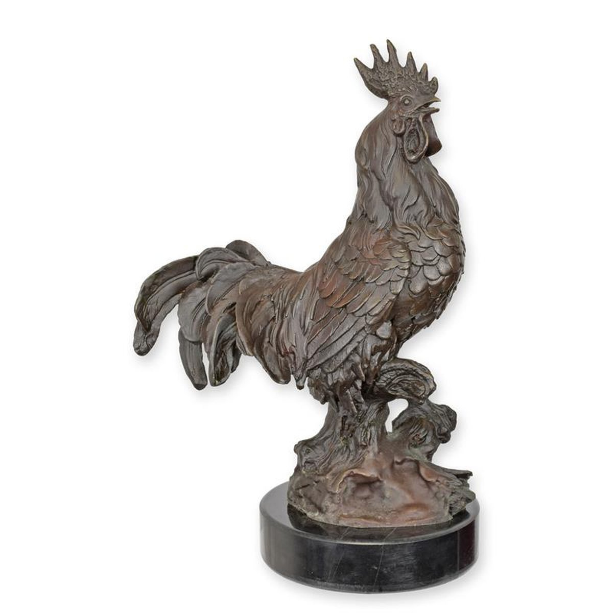 A BRONZE SCULPTURE OF A ROOSTER