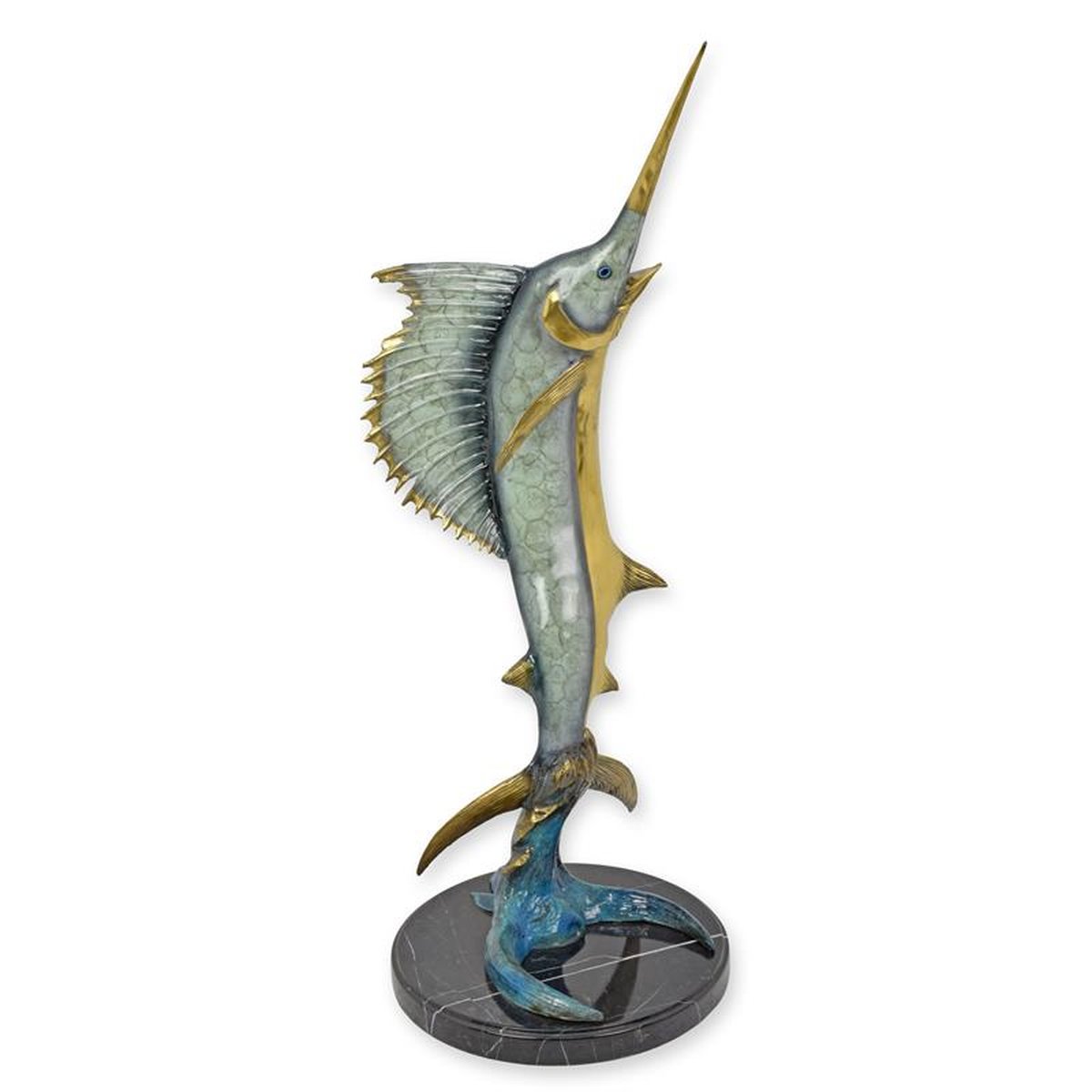 A BRONZE SCULPTURE OF A SAILFISH