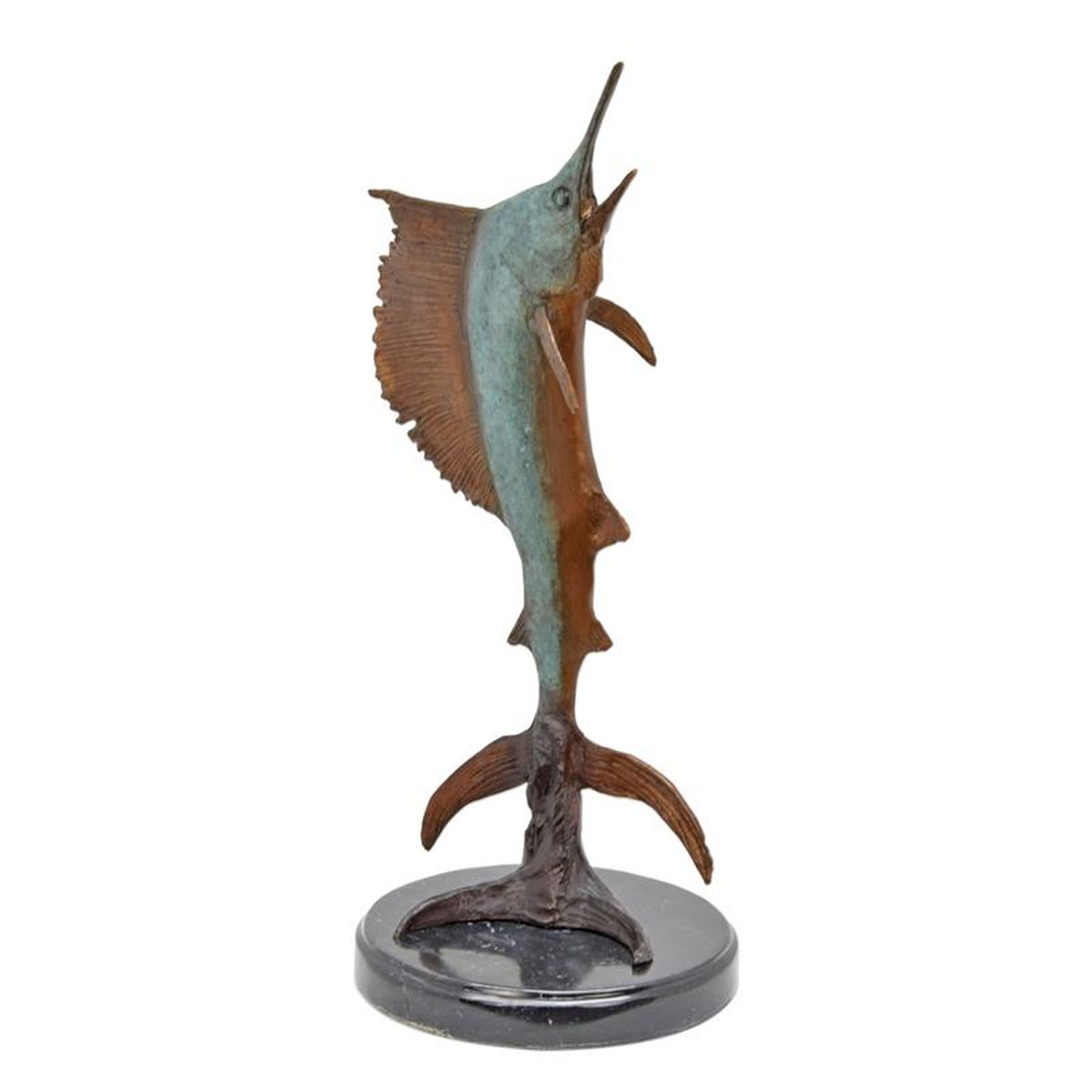 A BRONZE SCULPTURE OF A SAILFISH