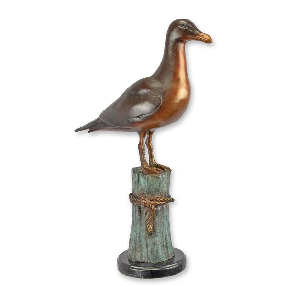A BRONZE SCULPTURE OF A SEAGULL ON MOORING POST