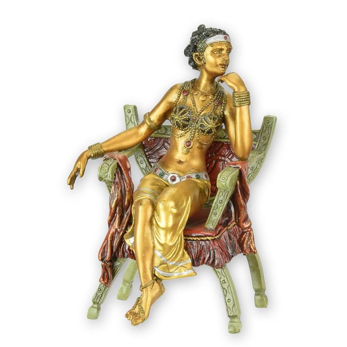 A BRONZE SCULPTURE OF A SEATED BELLY DANCER