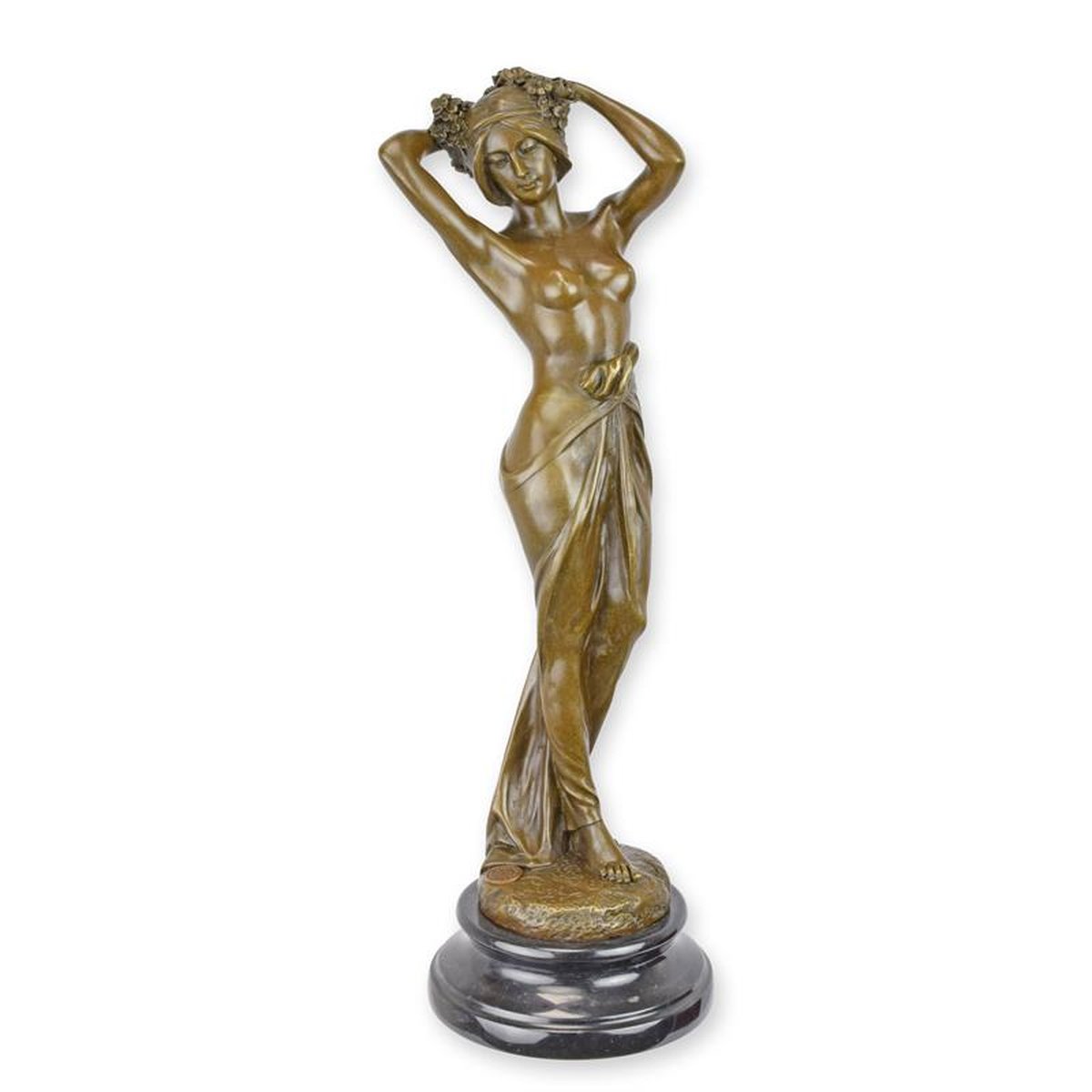 A BRONZE SCULPTURE OF A SEMI NUDE FEMALE