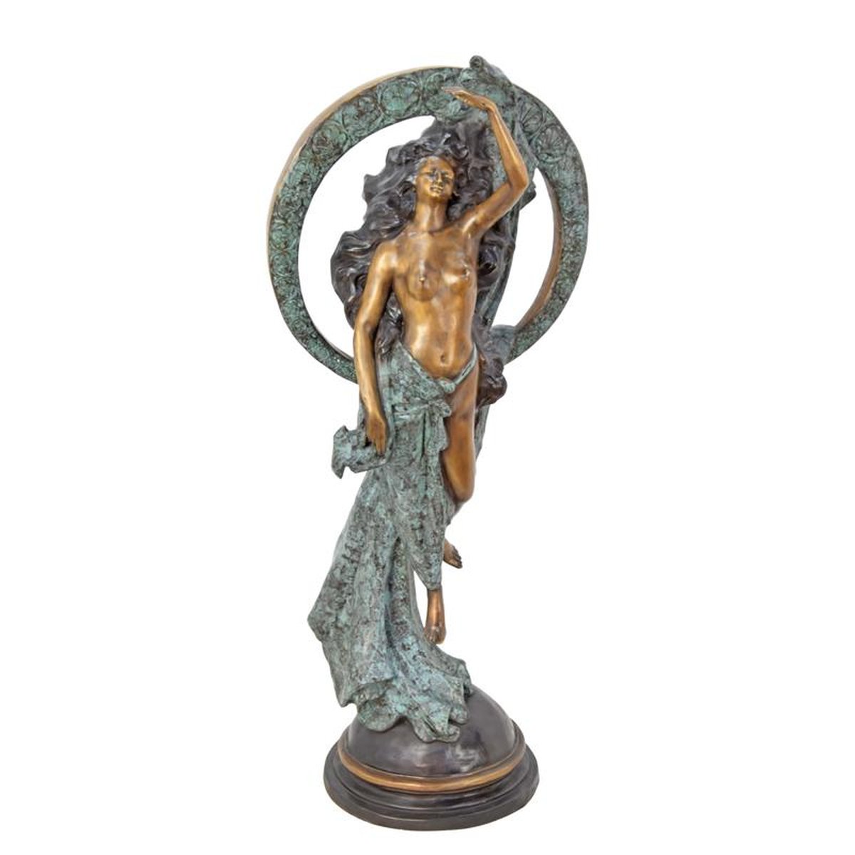 A BRONZE SCULPTURE OF A SEMI NUDE FEMALE