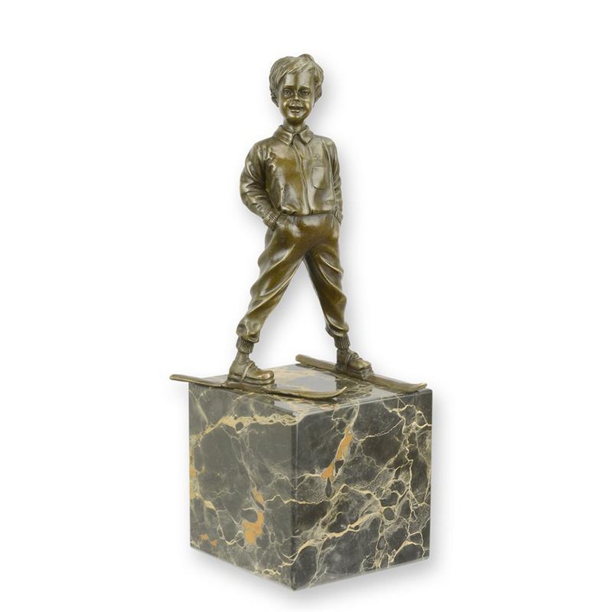 A BRONZE SCULPTURE OF A SKIER BOY
