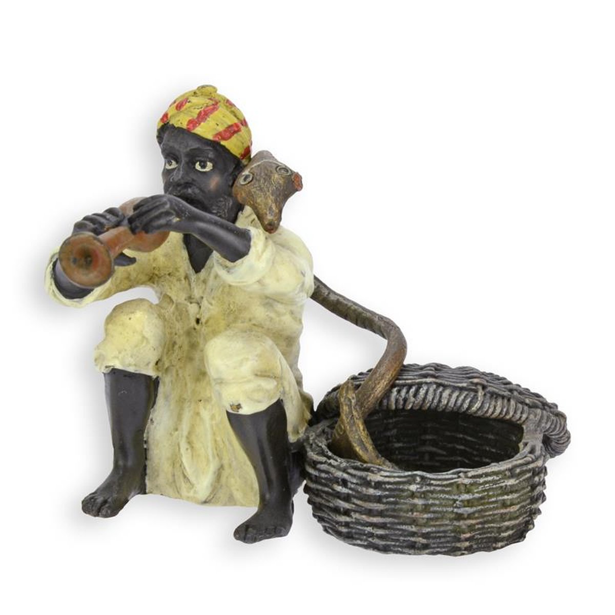 A BRONZE SCULPTURE OF A SNAKE CHARMER