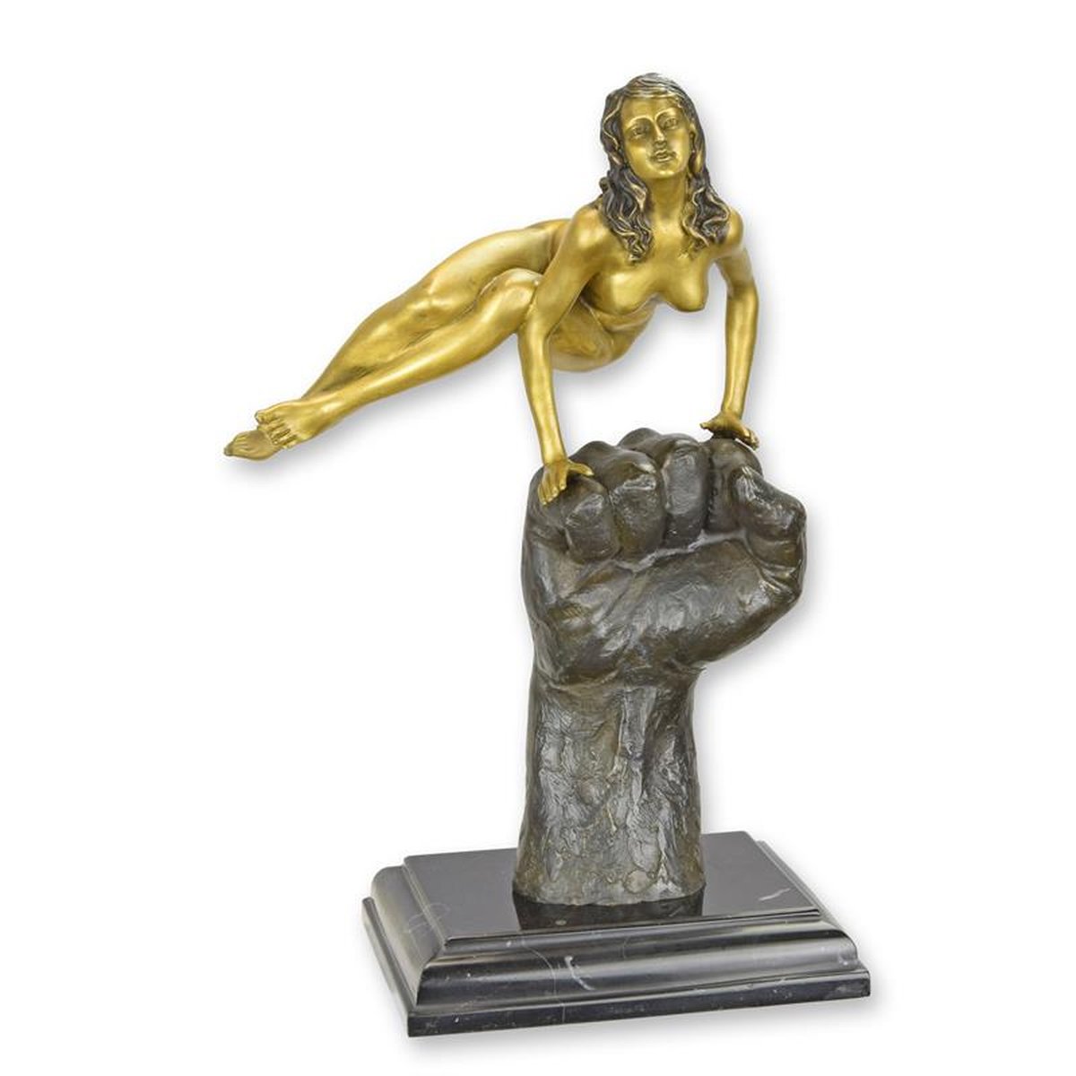 A BRONZE SCULPTURE OF A SWIRLING NUDE ON A HAND
