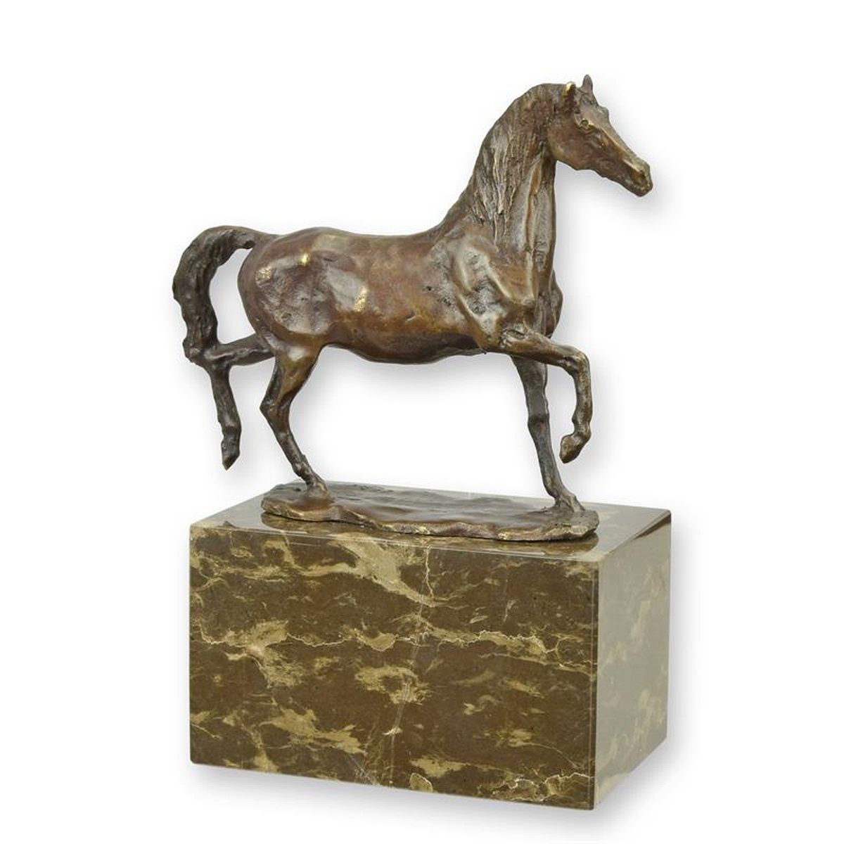 A BRONZE SCULPTURE OF A TROTTING HORSE