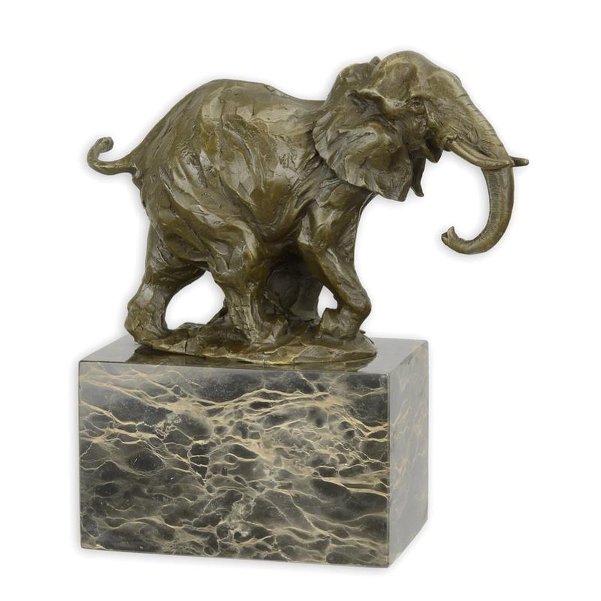 A BRONZE SCULPTURE OF A WALKING ELEPHANT