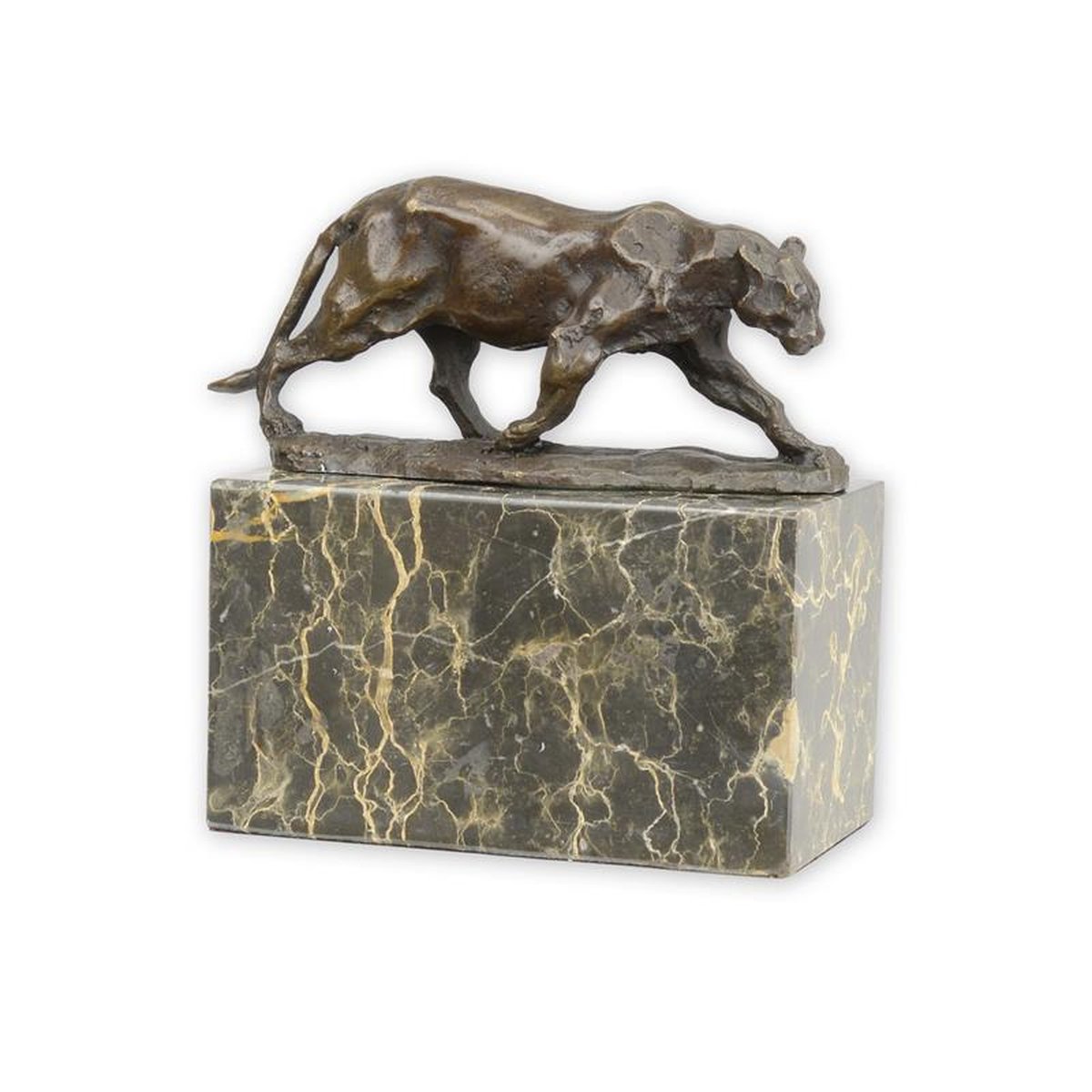A BRONZE SCULPTURE OF A WALKING PANTHER