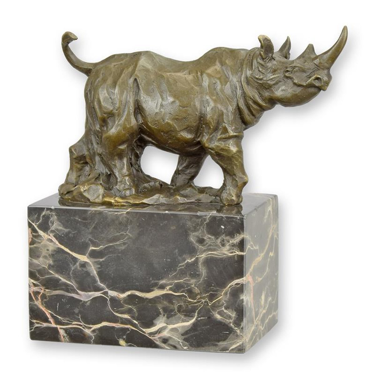 A BRONZE SCULPTURE OF A WALKING RHINOCEROS