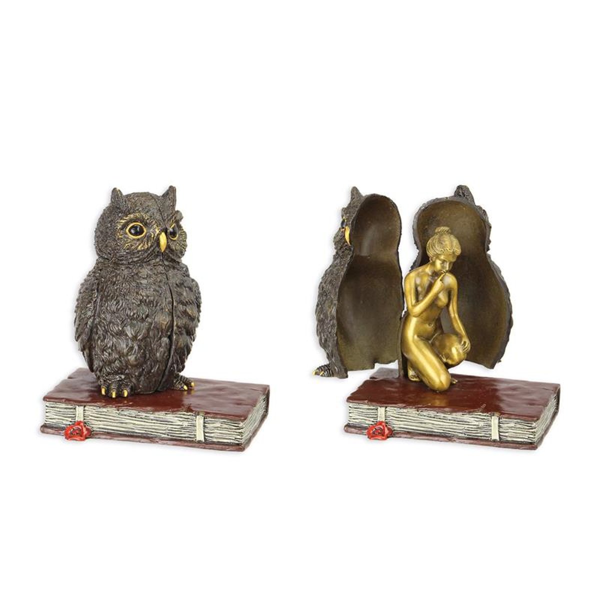A BRONZE SCULPTURE OF A WOMAN AND OWL ON BOOKS