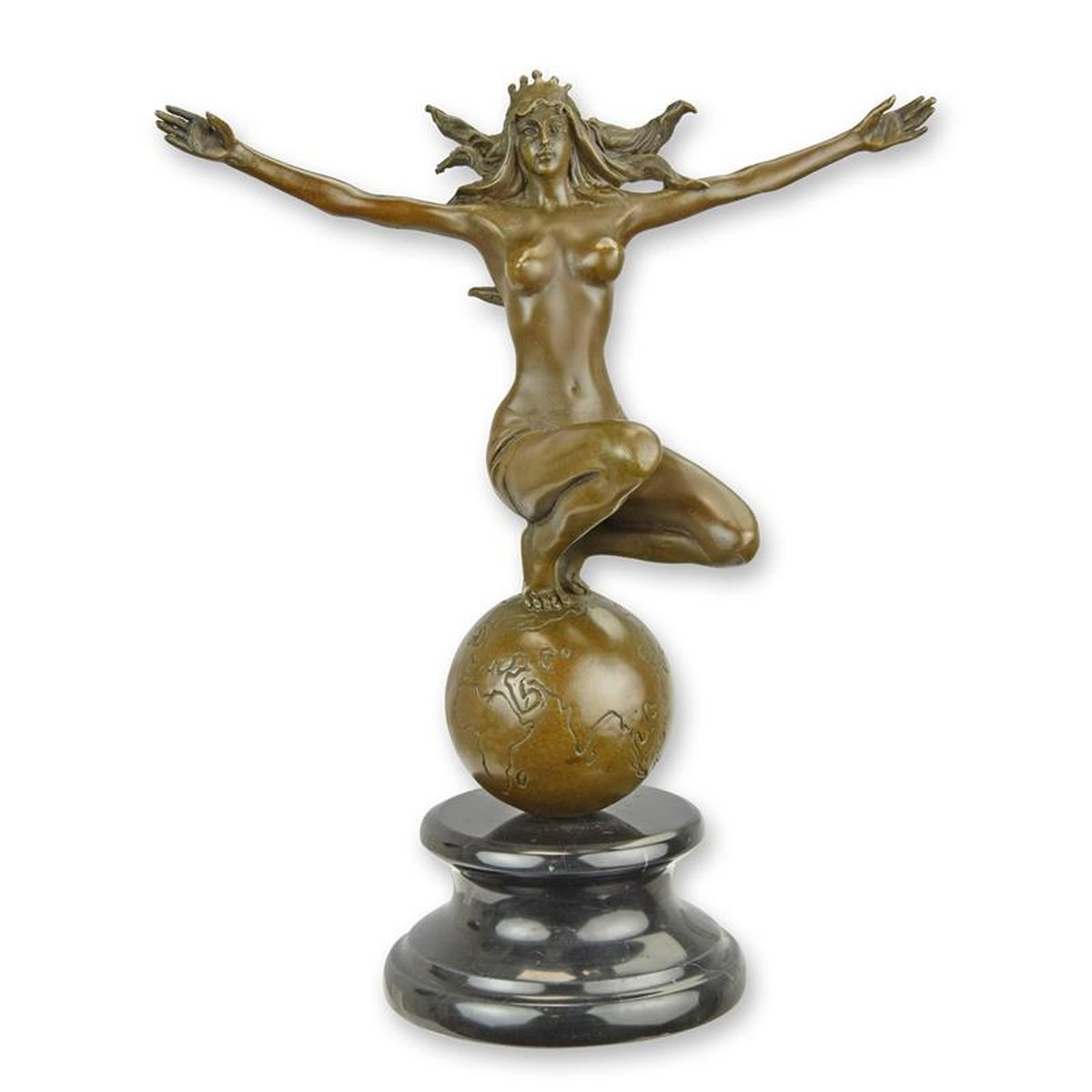 A BRONZE SCULPTURE OF A WOMAN ON TOP OF THE WORLD