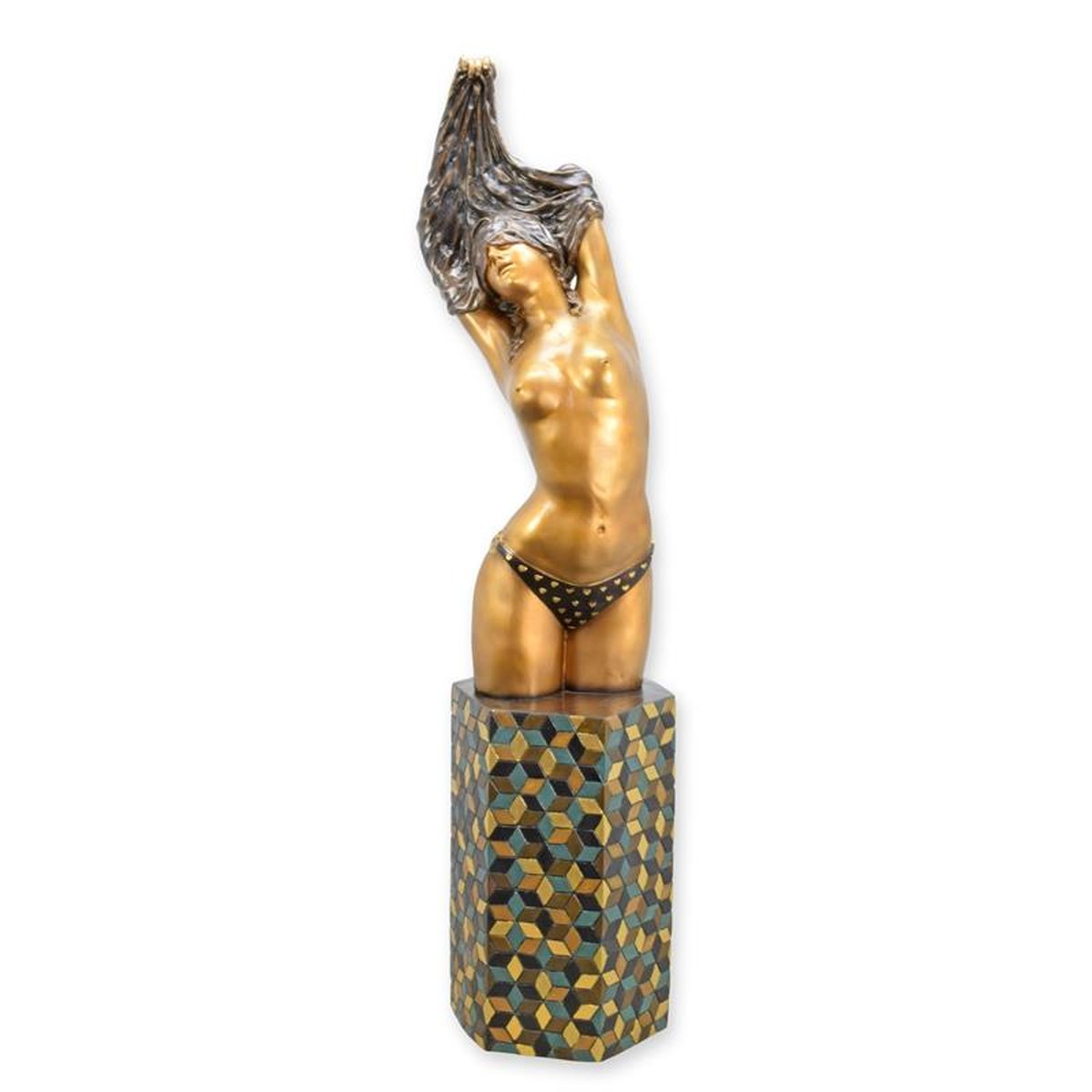 A BRONZE SCULPTURE OF A WOMAN UNDRESSING