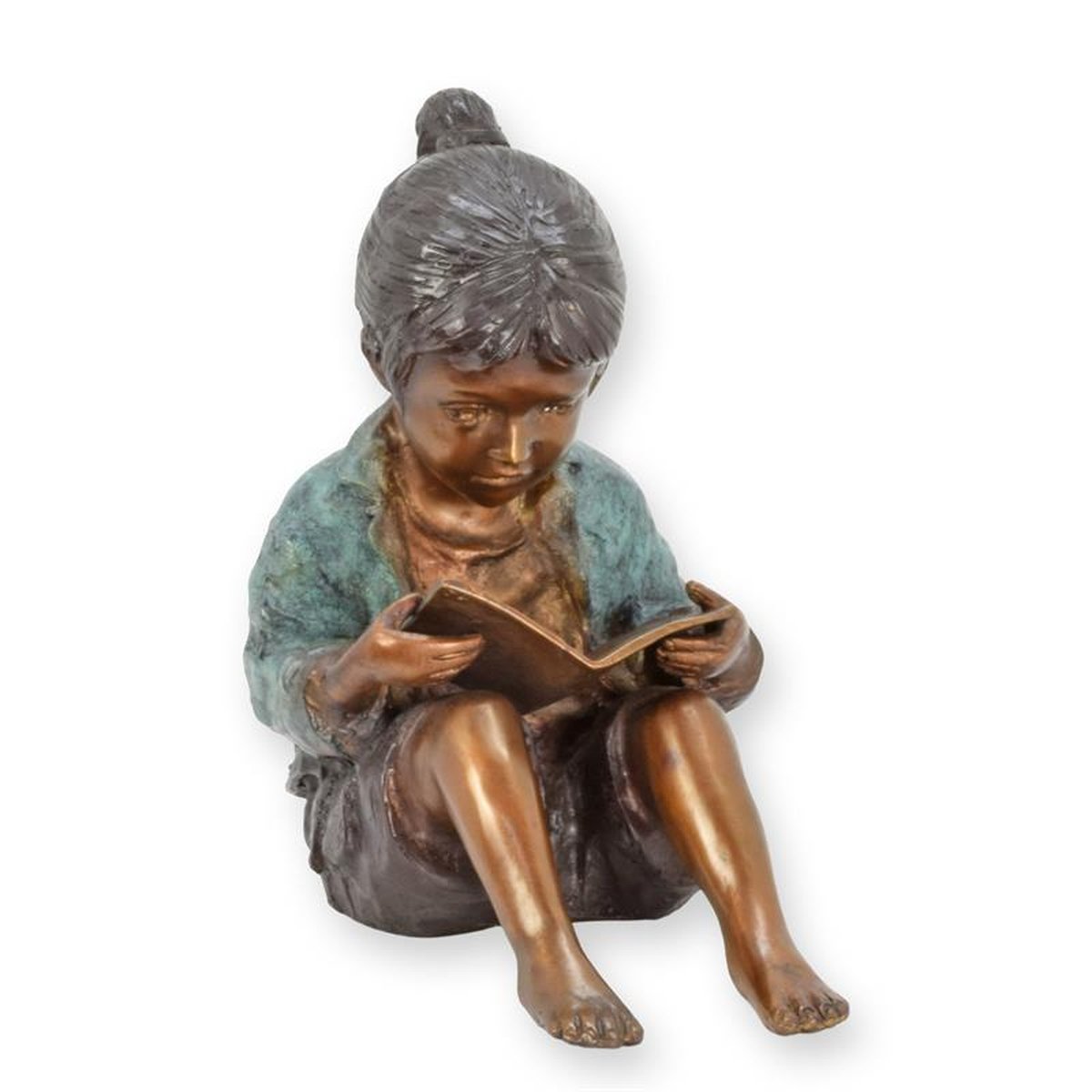 A BRONZE SCULPTURE OF A YOUNG GIRL READING A BOOK