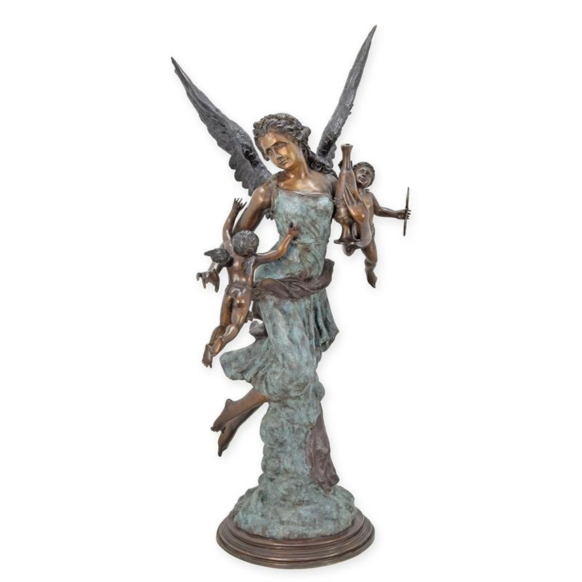 A BRONZE SCULPTURE OF AN ANGEL WITH 2 PUTTI