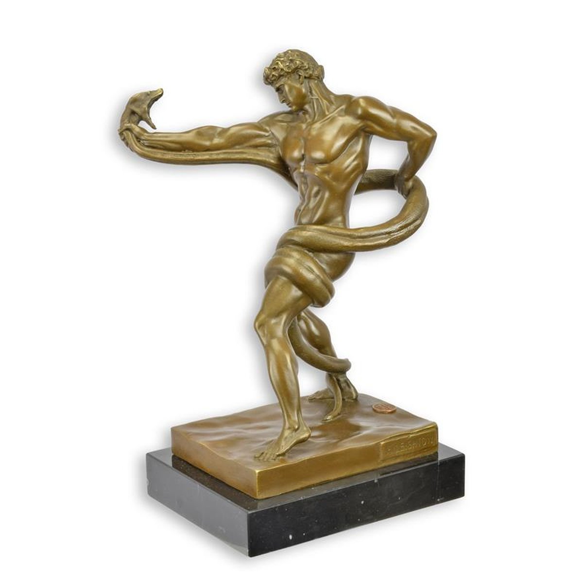A BRONZE SCULPTURE OF AN ATHLETE WRESTLING A PYTHON