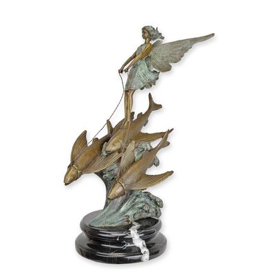A BRONZE SCULPTURE OF AN OCEAN FAIRY RIDING FLYING FISH