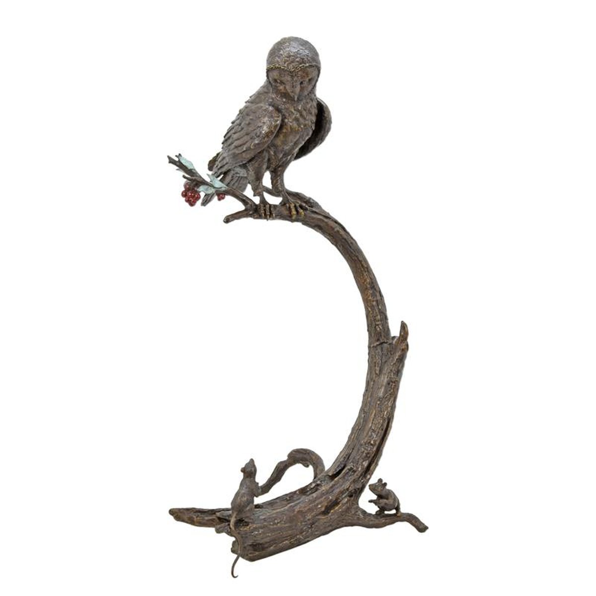 A BRONZE SCULPTURE OF AN OWL IN TREE