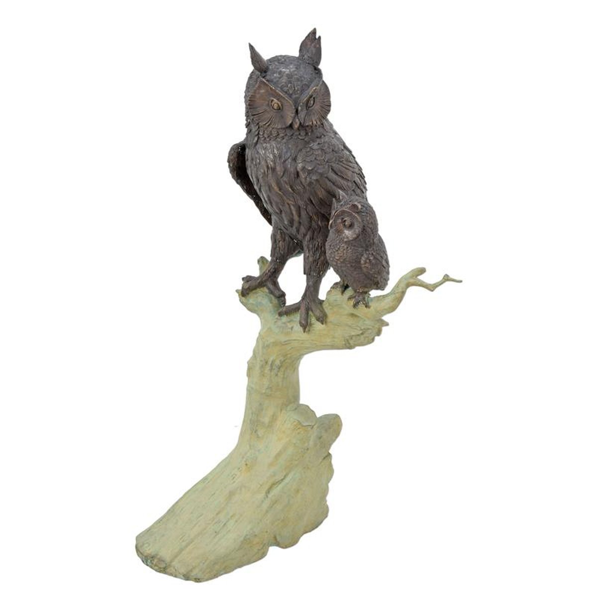 A BRONZE SCULPTURE OF AN OWL WITH OWLET