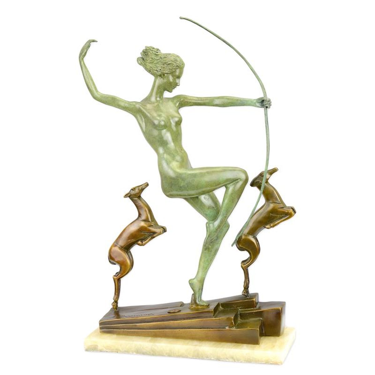 A BRONZE SCULPTURE OF DIANA WITH FAWNS