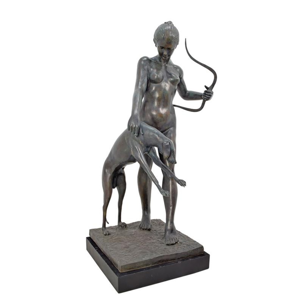 A BRONZE SCULPTURE OF DIANA WITH HOUND