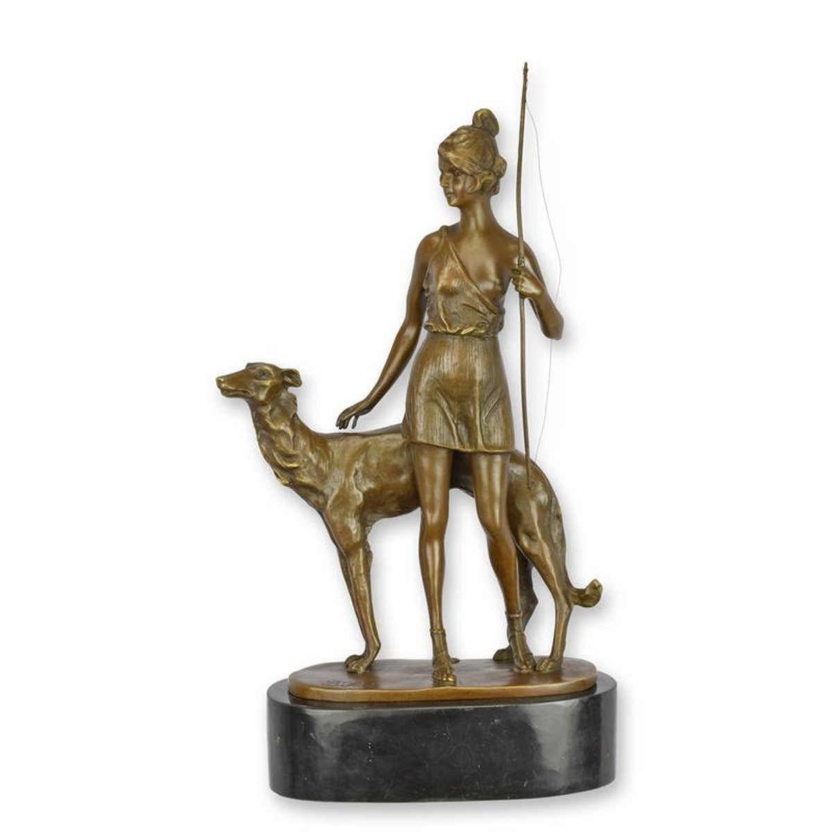 A BRONZE SCULPTURE OF DIANA WITH HOUND