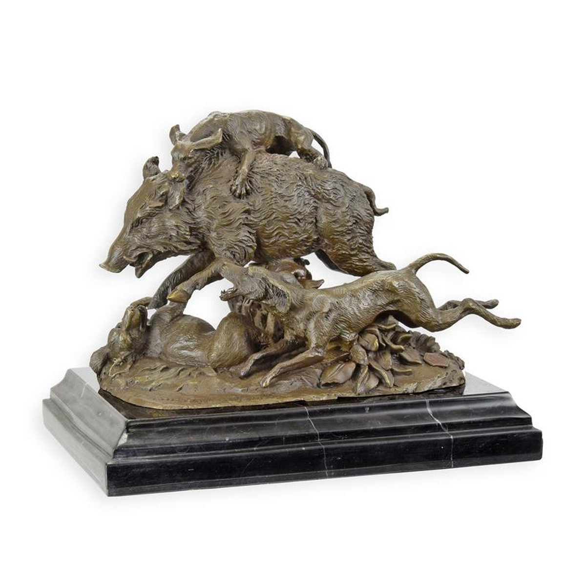 A BRONZE SCULPTURE OF HOUNDS ATTACKING A WILD BOAR
