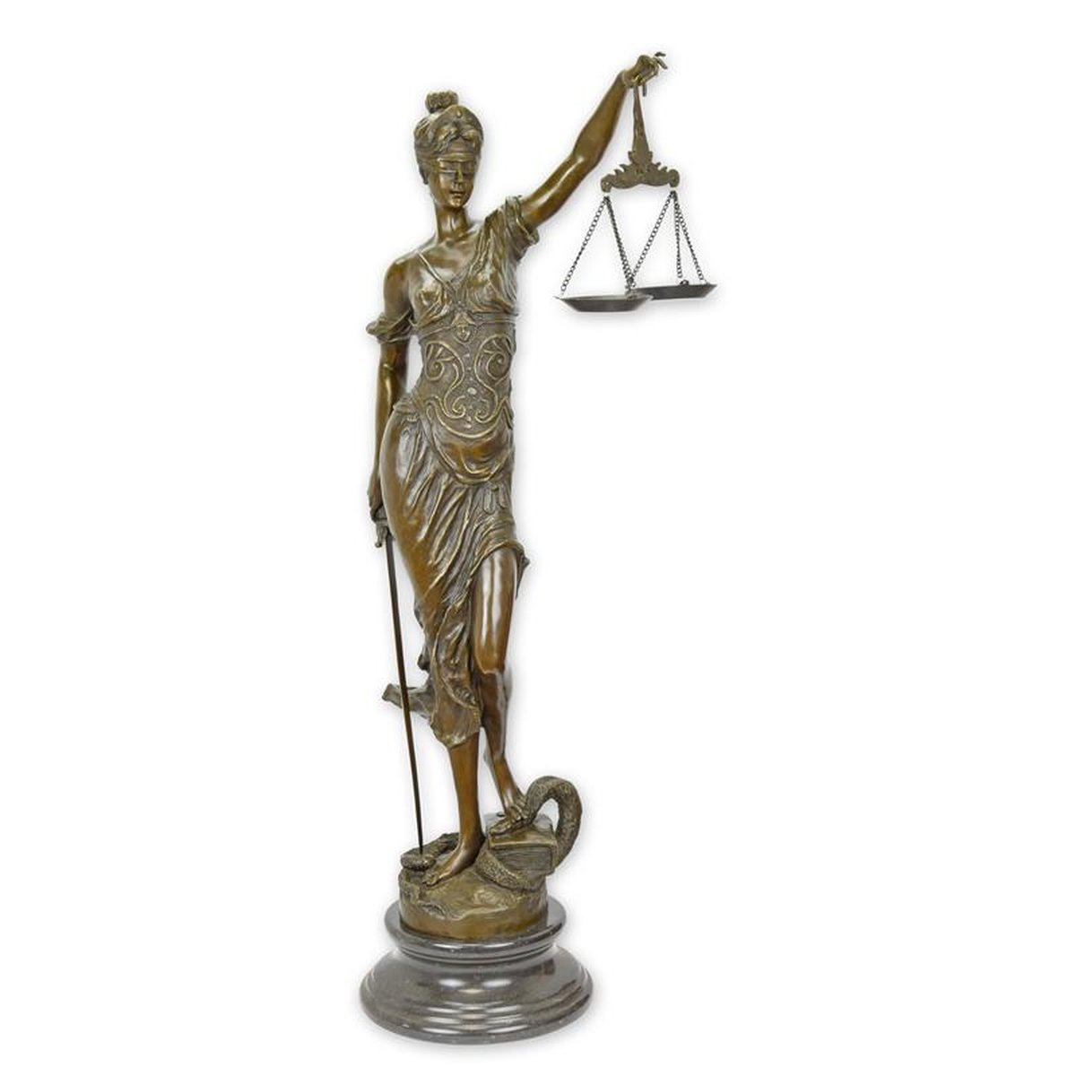 A BRONZE SCULPTURE OF LADY JUSTICE