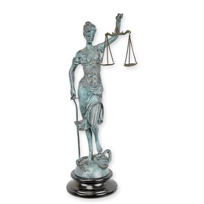A BRONZE SCULPTURE OF LADY JUSTICE GREEN FINISH