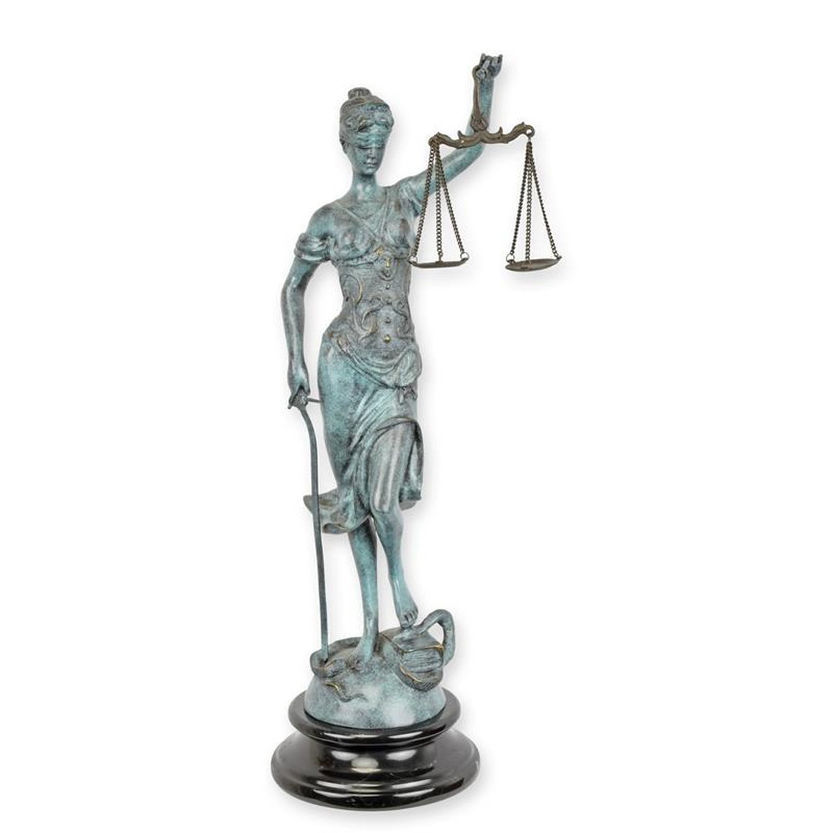 A BRONZE SCULPTURE OF LADY JUSTICE GREEN FINISH
