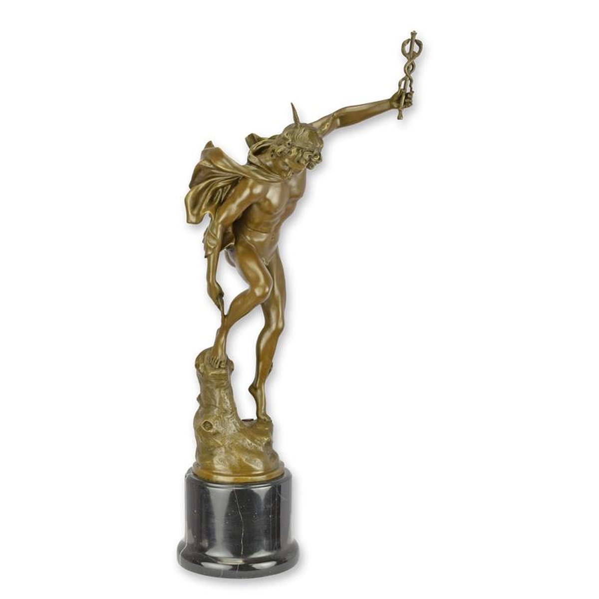 A BRONZE SCULPTURE OF MERCURY FASTENING HIS SANDALS