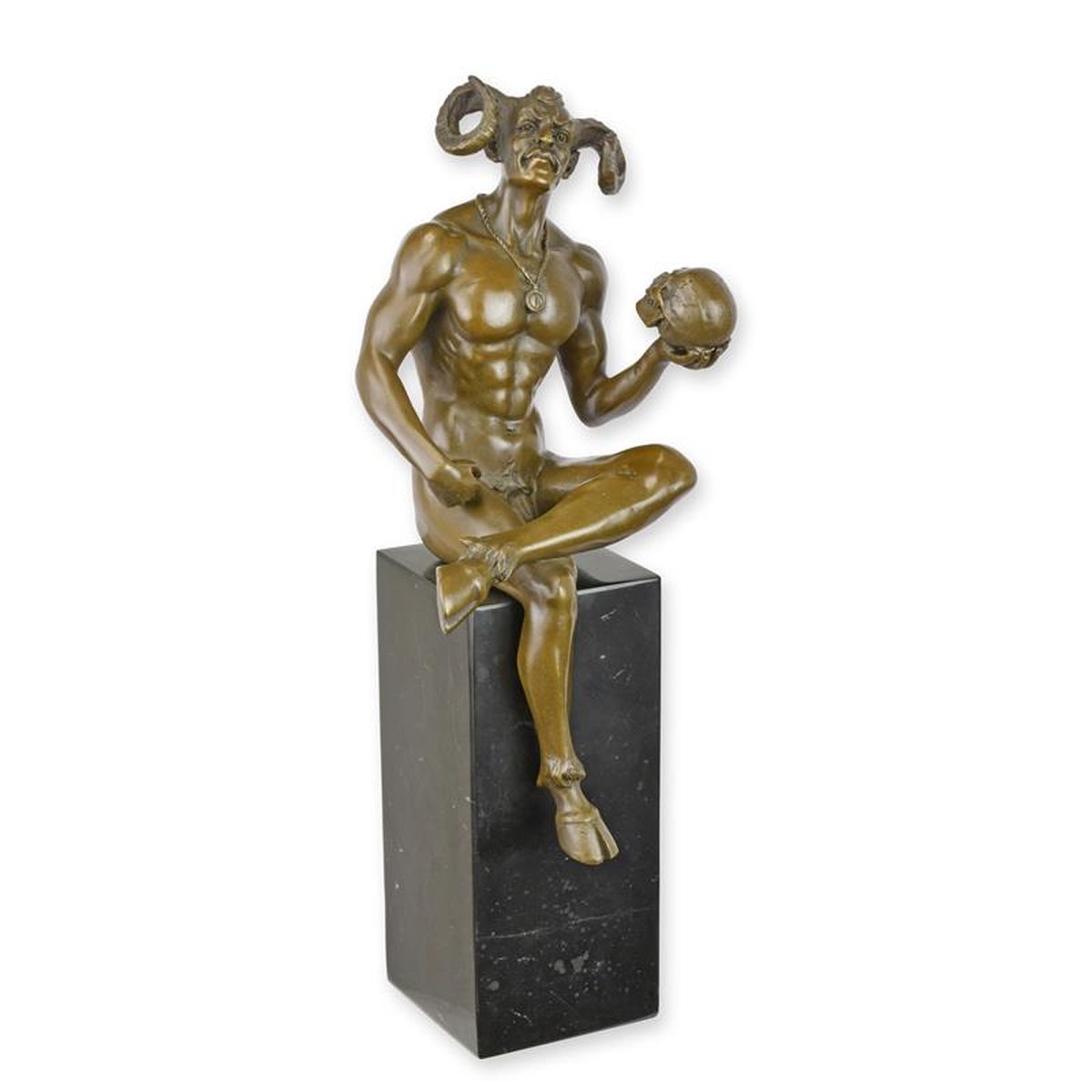A BRONZE SCULPTURE OF SATAN HOLDING A SKULL