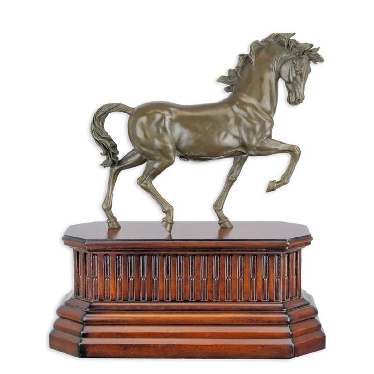 A BRONZE SCULPTURE OF TROTTING HORSE MOUNTED ON WOODEN BASE