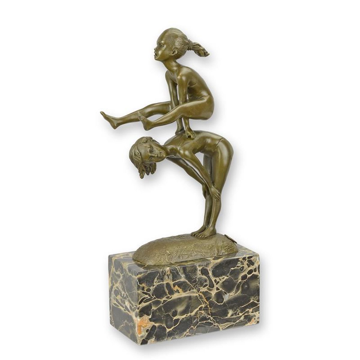 A BRONZE SCULPTURE OF TWO CHILDREN PLAYING LEAP-FROG