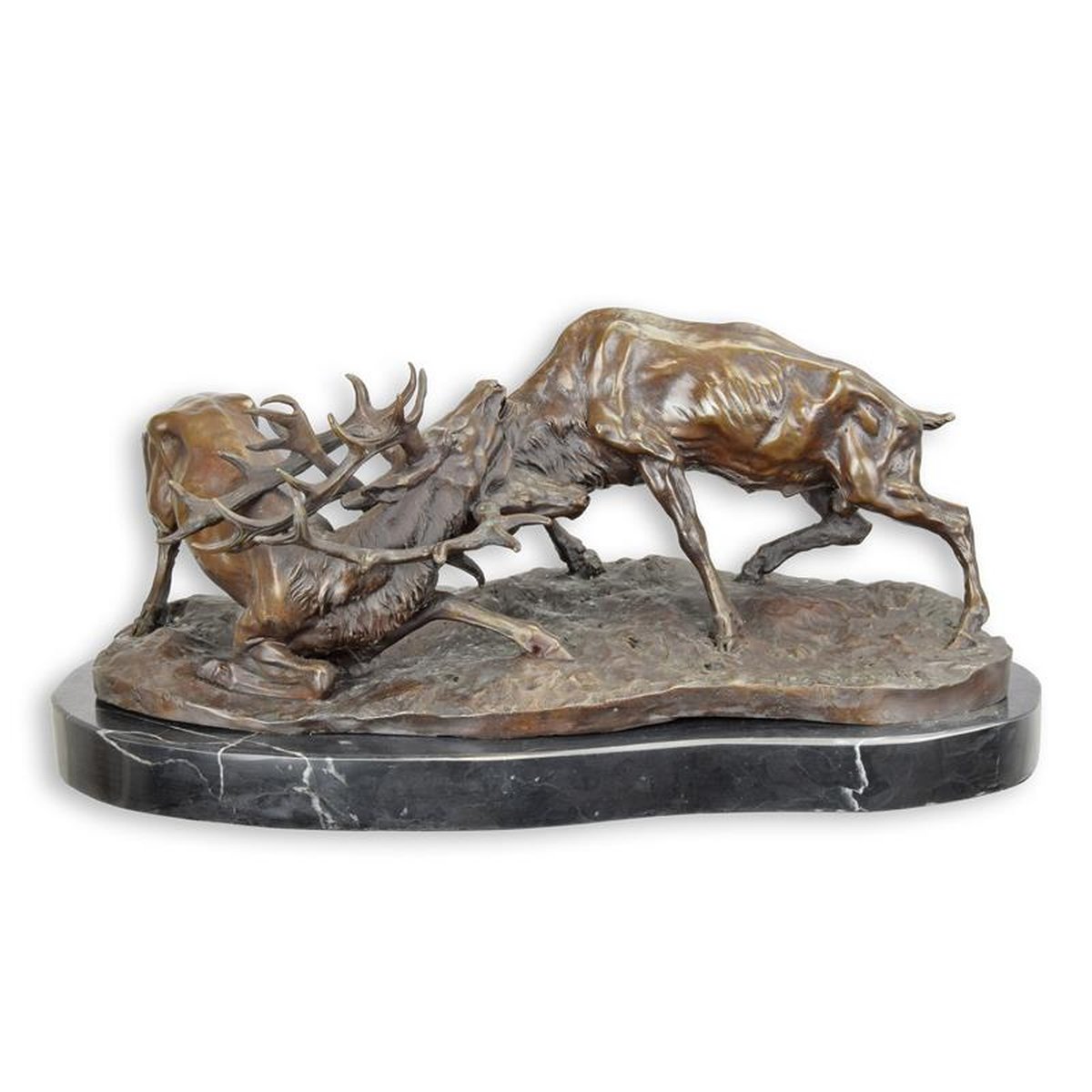 A BRONZE SCULPTURE OF TWO FIGHTING STAGS