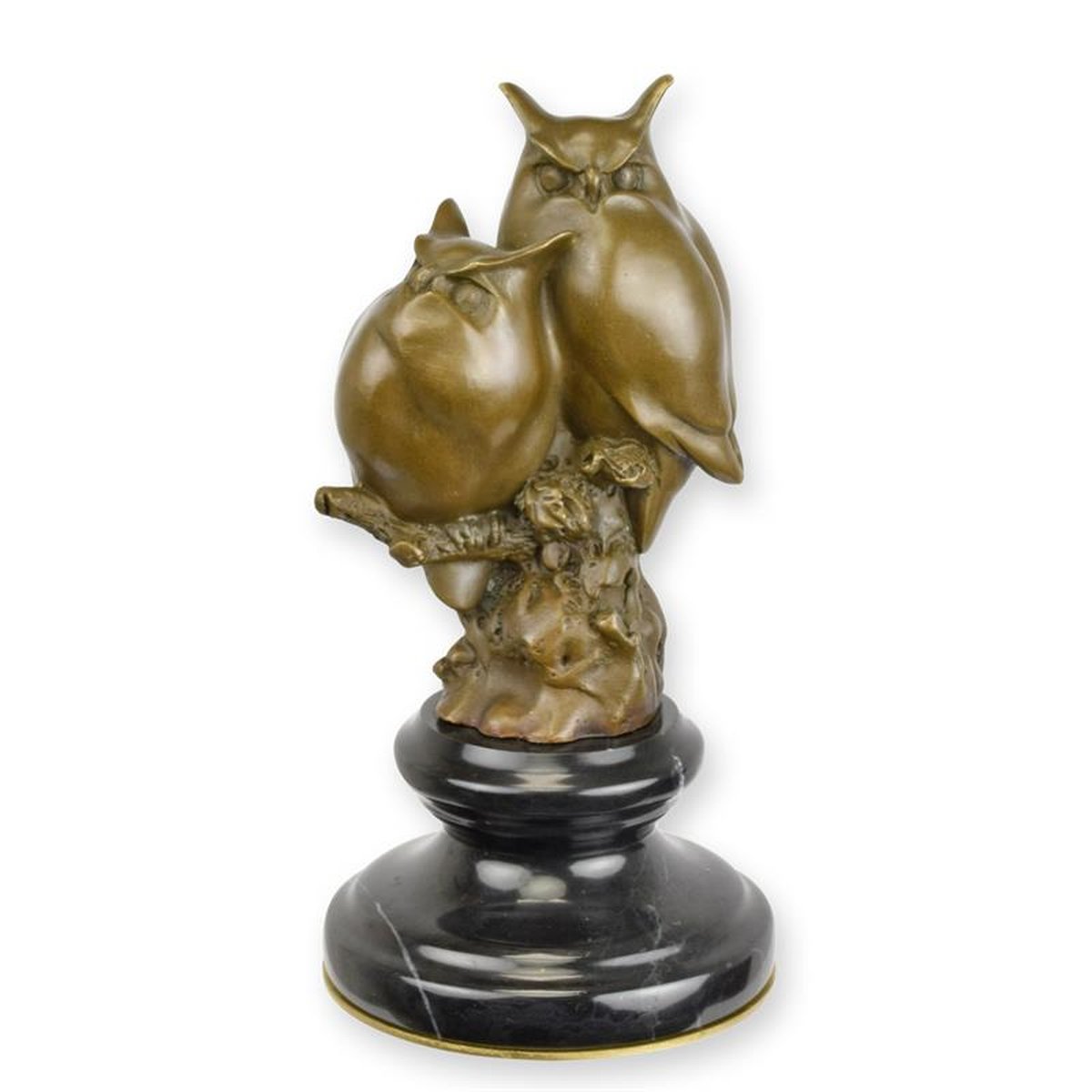 A BRONZE SCULPTURE OF TWO OWLS ON A BRANCH (BRASS PLATE UNDE
